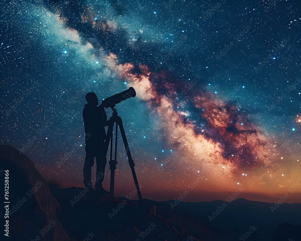 Astronomer gazing through a telescope, a starry sky above, embodying the wonder of astronomy. Astronomer gazing through a telescope, a starry sky above, embodying the wonder of astronomy.