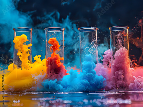 Chemistry experiment with colorful solutions in beakers, showcasing the vibrancy and excitement of chemical reactions.