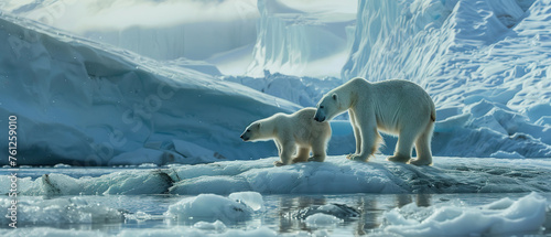 starving skinny Polar Bear mother and two cubs on a melting glacier icy Hudson Bay. extreme Climate change, global warming photo