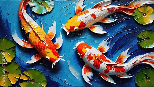 Oil painting of koi fish swimming in the pond, abstract art wallpaper