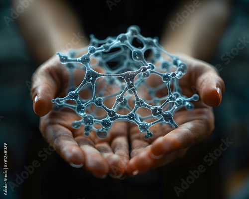 Open hands carefully hold a complex molecular structure model, symbolizing scientific research and the frontier of neuroscience.