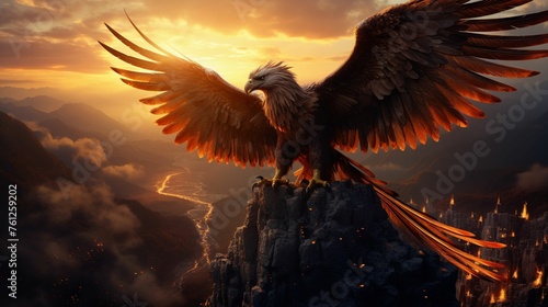 Phoenix, fiery wings, reborn from ashes, standing tall on a cliff overlooking a vast valley at dawn, serene with a touch of mystical, 3D render, golden hour, lens flare, High-angle view