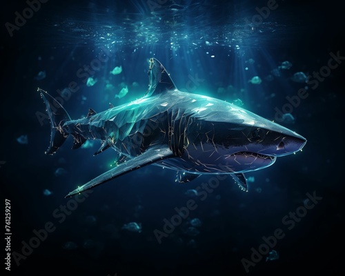 Shark, swimming under moonlight, creating a mysterious silhouette in the deep ocean waters, 3D render, Rembrandt lighting, Vignette effect, Rack focus view © PTC_KICKCAT