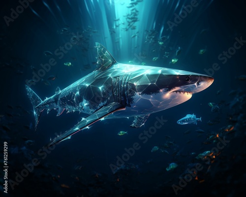 Shark, swimming under moonlight, creating a mysterious silhouette in the deep ocean waters, 3D render, Rembrandt lighting, Vignette effect, Rack focus view
