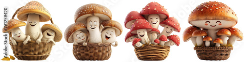 Cartoon illustration of happy mushrooms in a wicker basket