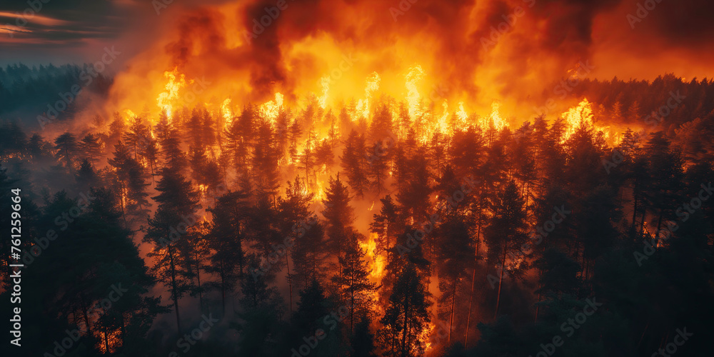 danger forest fire in pine forest at night. Natural disaster in summer due to drought. Aerial top view from above drone