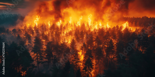 danger forest fire in pine forest at night. Natural disaster in summer due to drought. Aerial top view from above drone