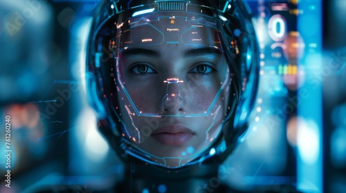 A woman's face is projected onto a computer screen. The image is futuristic and has a cool, futuristic vibe