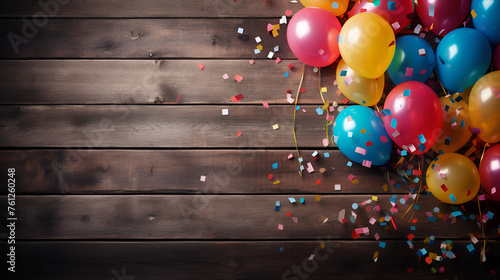  a wooden background in which colored confetti is tied to colorful balloons, 