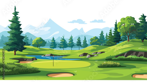 Golf course in summer a day flat vector isolated on photo