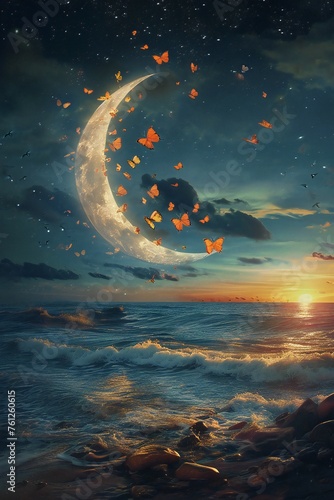 Surreal Moonrise with Butterflies over Waves