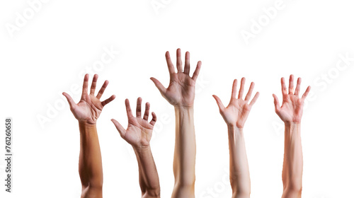 Many hands up isolated on white transparent background.