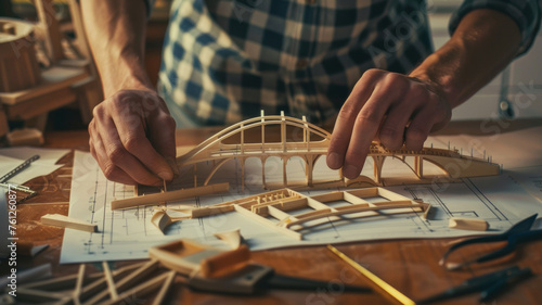 Craftsman meticulously working on a scale model bridge with precision.