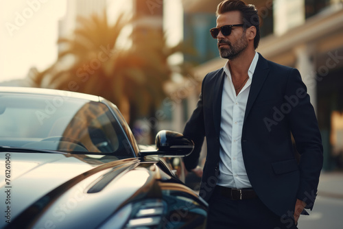 A rich young confident businessman in a suit standing next to his luxurious black car against the background of a beautiful house and the setting sun. rich life  © Ivan