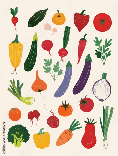 Colorful hand-drawn vector vegetables on white background. A collection of various hand-drawn colorful vegetables including broccoli  peppers  and carrots  illustrated on a clean white backdrop