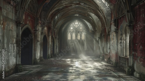 Sunlight streams through the windows of gothic church ruins, casting a divine light onto the moss-covered floors, creating a scene of haunting beauty.