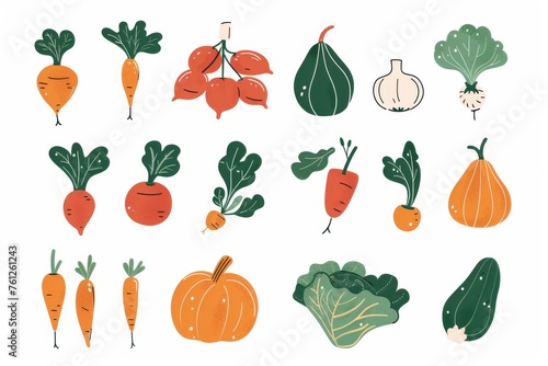 Colorful hand-drawn vector vegetables on white background. A collection of various hand-drawn colorful vegetables including broccoli, peppers, and carrots, illustrated on a clean white backdrop
