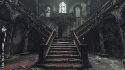 A majestic staircase stands resilient amidst the dilapidation of an aristocratic hall  evoking a bygone era of opulence now surrendered to the ravages of time.