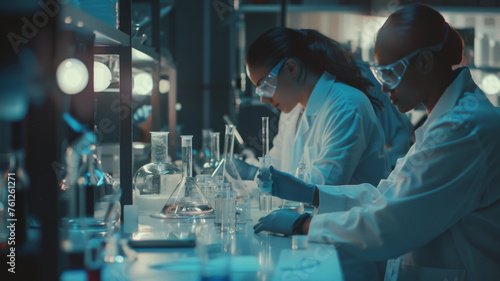 Science professionals conducting research in a high-tech laboratory environment.