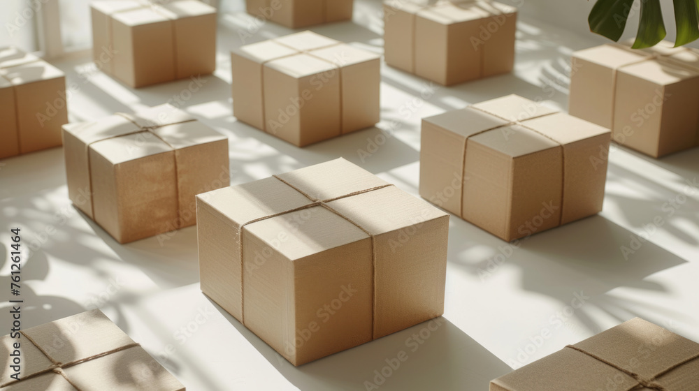 Cardboard boxes on a white surface illuminated by natural sunlight creating soft shadows. Cardboard boxes on a white surface illuminated by natural sunlight creating soft shadows.