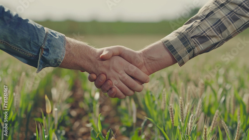 Two hands clasp in a firm handshake in a field, signifying a deal or agreement.