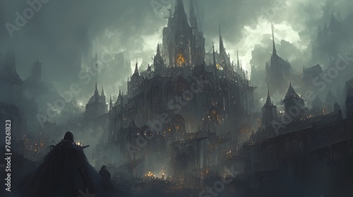 A cloaked figure stands before a sprawling gothic citadel, rising dramatically from a dystopian landscape shrouded in fog and mystery. photo