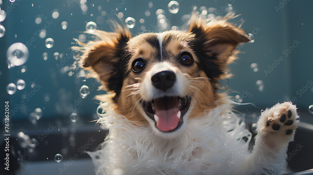 Close up of a happy cute dog taking bath with soap, foam and bubbles on its face