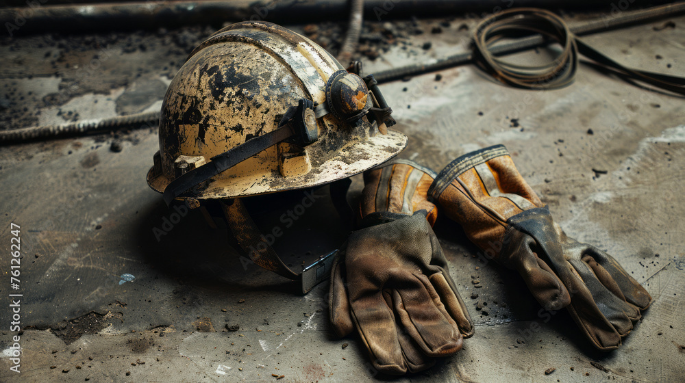 Weathered coal miner's helmet with headlamp and gloves, symbols of hard labor and mining industry