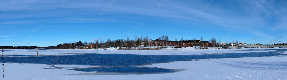 Panoramic March scenery of Pikisaari in Oulu, Finland