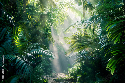 Beautiful green leaves in a tropical forest with sunlight shining through the fog. A tropical forest trail with large leaves on the sides 