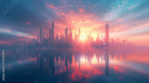 Futuristic city skyline reflected over a tranquil body of water during a vibrant sunrise. Skyscrapers reach towards the colorful sky with hues of pink  orange  and blue.
