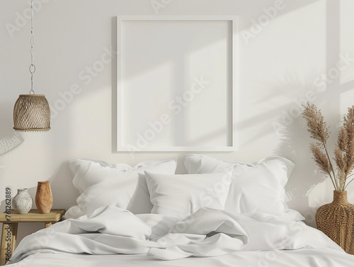 Blank photo square frame mockup on white wall above the bed with white clean pillows in the bedroom.  photo