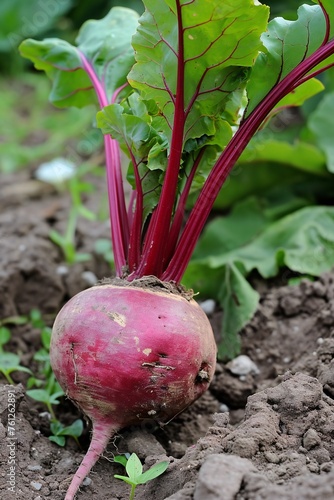 Ripe Red Beetroots with Green Leaves Sunlit Soil