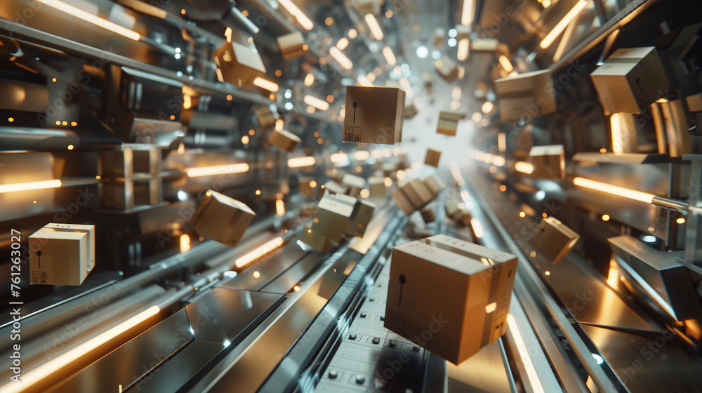 A conveyor belt filled with unique cardboard boxes moving through a futuristic logistics setting A conveyor belt filled with unique cardboard boxes moving through a futuristic logistics setting