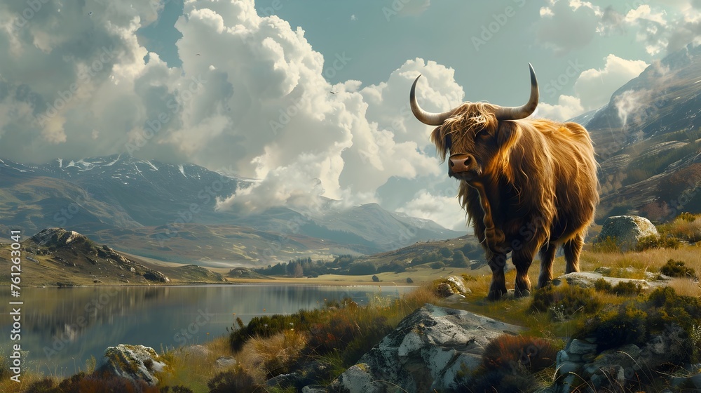 The Majestic Highland Hymn: A Robust Bovine Ballad Amid the Haunting Pipes of Wind-Swept Peaks - obrazy, fototapety, plakaty 