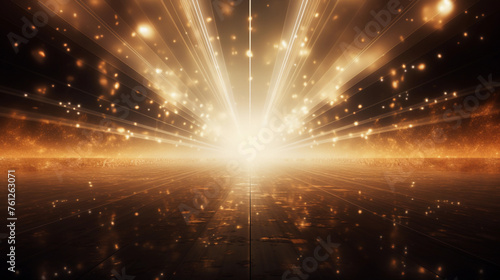 Bright beams reflected in dark space, in the style of light gold and white, anamorphic lens flare, light orange and gold.  © Business Pics