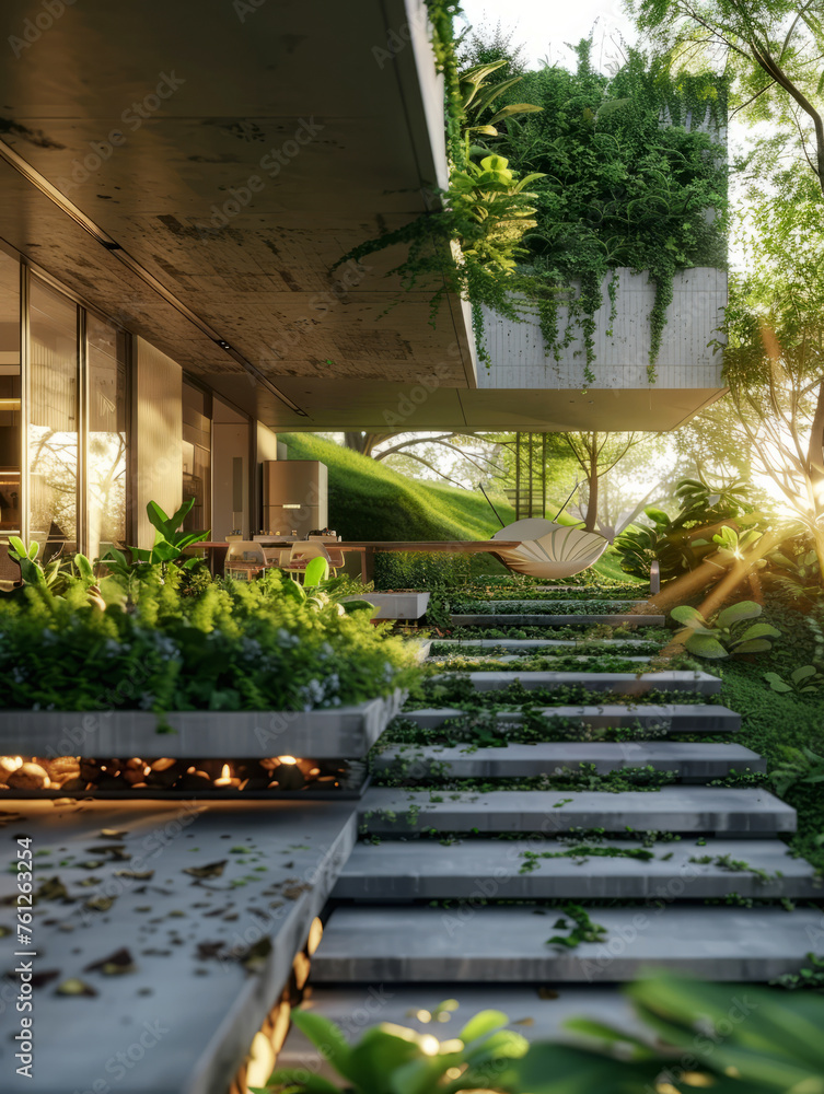 Beautiful modern house with lots of green plants at the back of the house with stairs, windows
Beautiful modern house with lots of green plants at the back of the house with stairs, windows