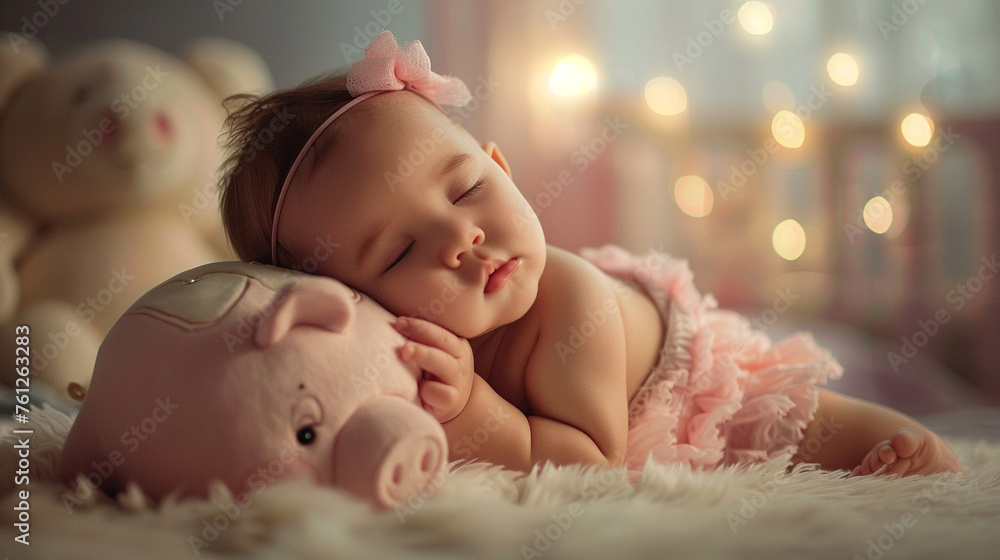 A precious newborn holding a piggy bank with a unique and captivating 3D animated backdrop A precious newborn holding a piggy bank with a unique and captivating 3D animated backdrop