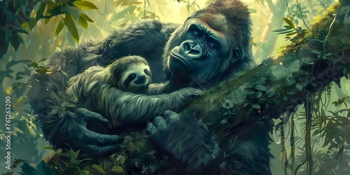 heartwarming scene where a gentle gorilla tenderly embraces a sloth in the lush