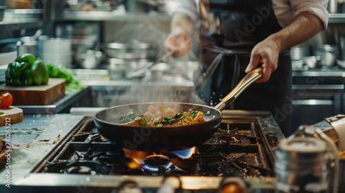 A frying pan sizzling with mouth-watering ingredients in a well-equipped cooking station
