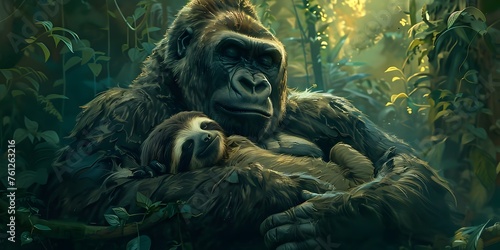 Gentle Gorilla Embraces Sloth Companion in Lush Jungle Canopy