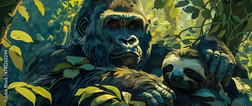 Interspecies Affection: Gorilla and Sloth Sharing a Heartwarming Moment in the Lush Canopy