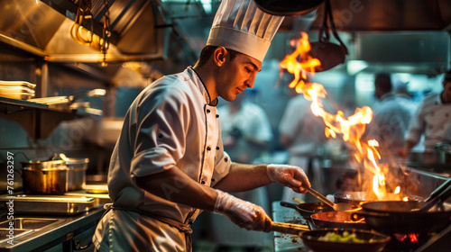 A professional chef expertly crafting a flambe dish in a bustling kitchen photo