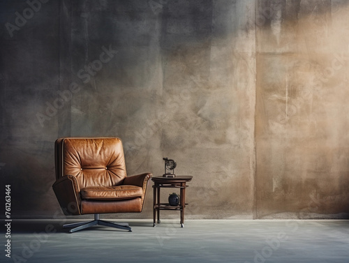 Brown luxury leather armchair in a large empty industrial style space with large window and shadow on rough concrete wall, empty copy space. 