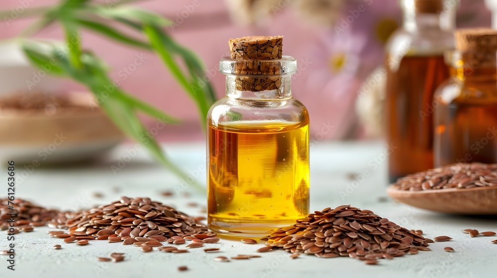 Organic Bounty: Heap of Healthy Linseed and Flaxseed Oil on Natural Background Organic Bounty: Heap of Healthy Linseed and Flaxseed Oil on Natural Background