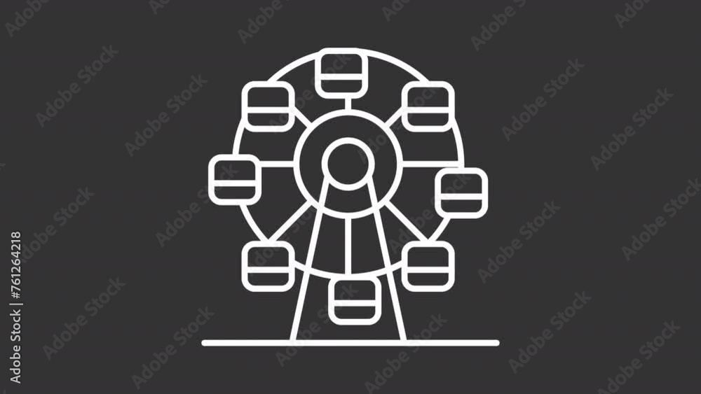 Animated ferris wheel white icon. Spinning fairground wheel line animation. Amusement park attraction. Isolated illustration on dark background. Transition alpha video. Motion graphic Animated ferris wheel white icon. Spinning fairground wheel line animation. Amusement park attraction. Isolated illustration on dark background. Transition alpha video. Motion graphic