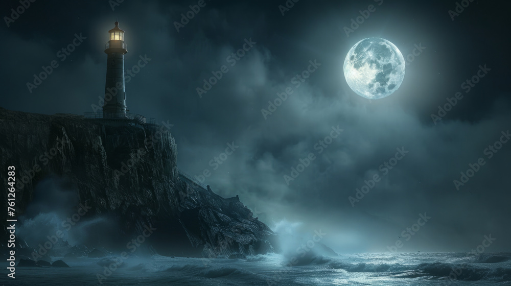 A picturesque scene of a lighthouse perched on a rocky cliff, waves crashing against the shore, under a moonlit night sky.