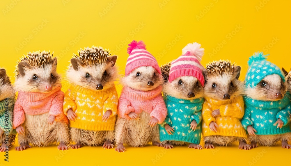 Cute Hedgehogs in Knitted Sweaters on Yellow