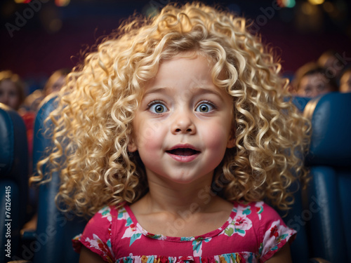 Beautiful cute little blonde girl watching a movie with curious eyes at the local movie theater. 