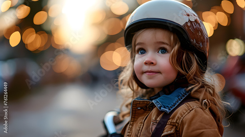 In the context of safety awareness, a four-year-old girl is in a helmet, for a scooter, bicycle, or balance bike. AI Generated